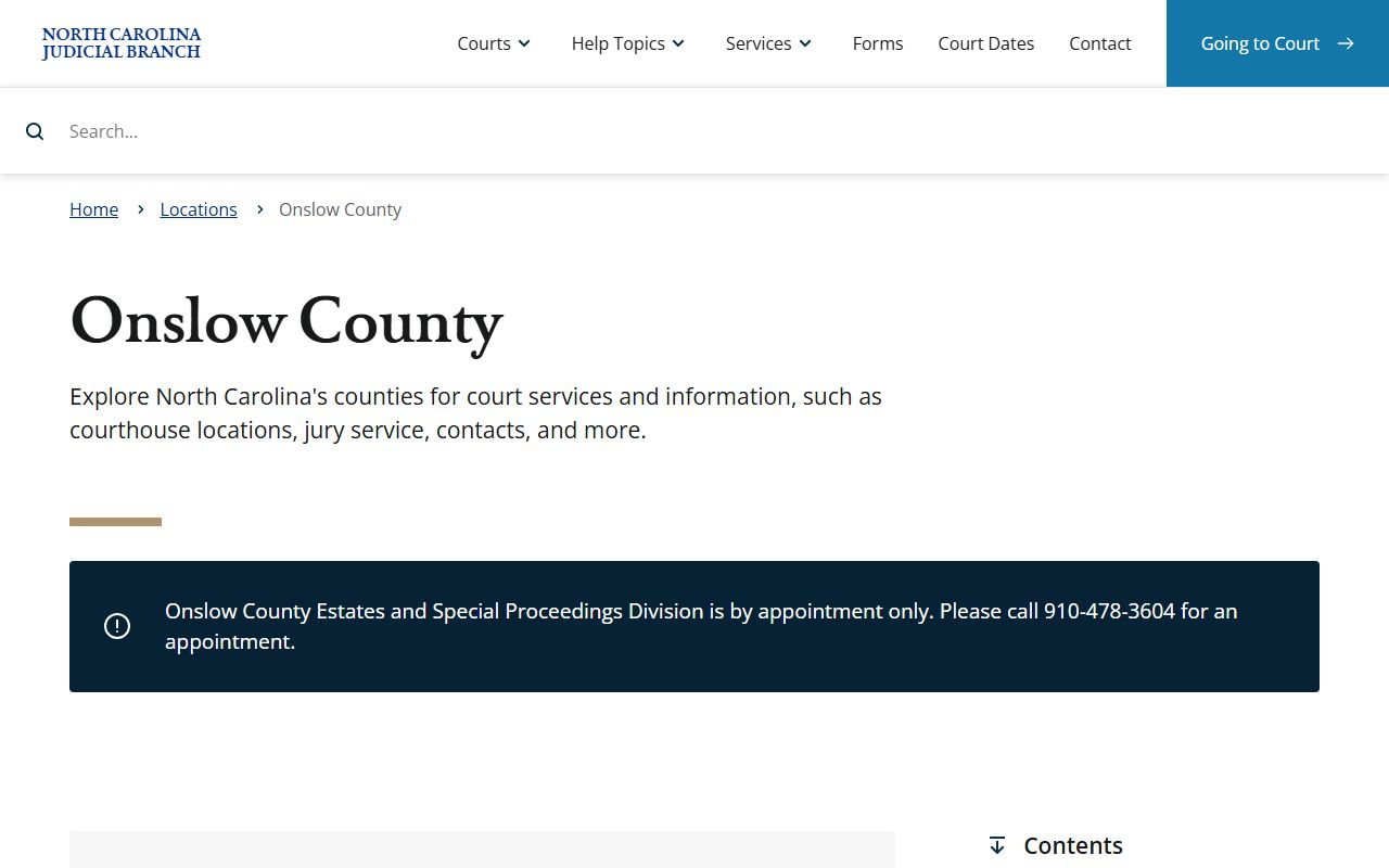 Onslow County NC Courts page for criminal court records