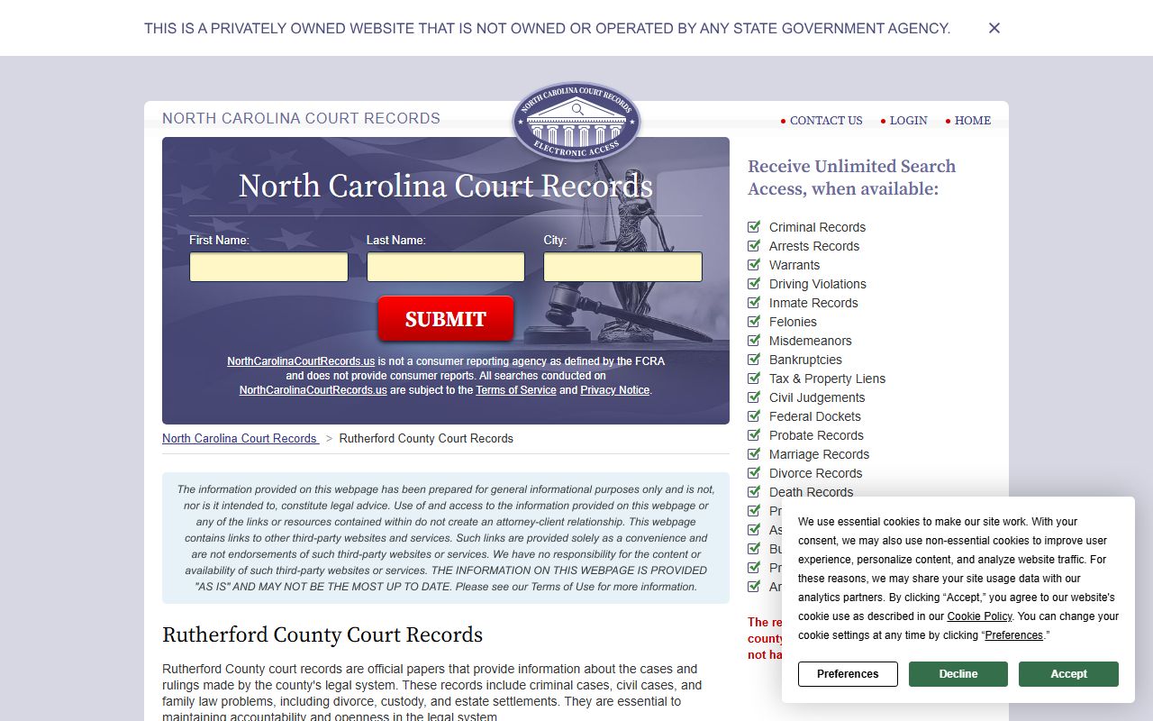 Rutherford County criminal court records search on NorthCarolinaCourtRecords.us