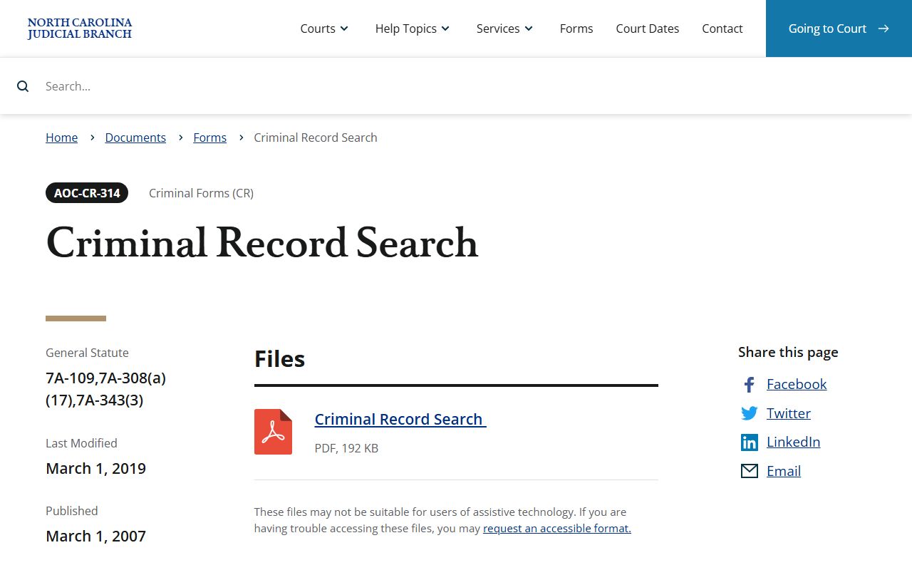 NC criminal record search form for certified checks