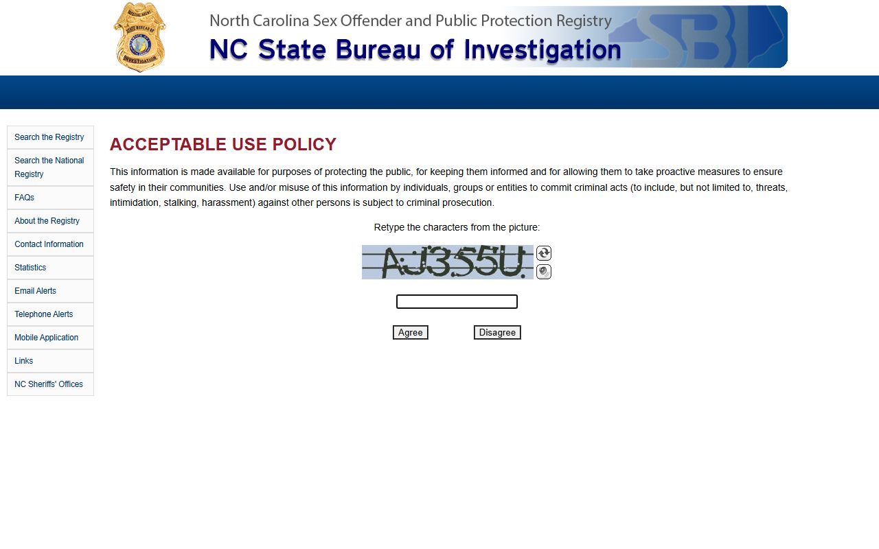 North Carolina sex offender registry search system